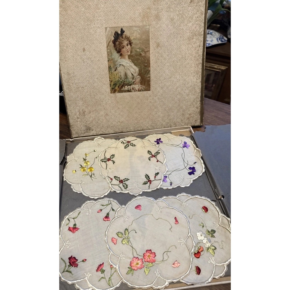 Vintage Society Silk Doilies Cocktail Rounds Hand Embroidered Set 6 Box New